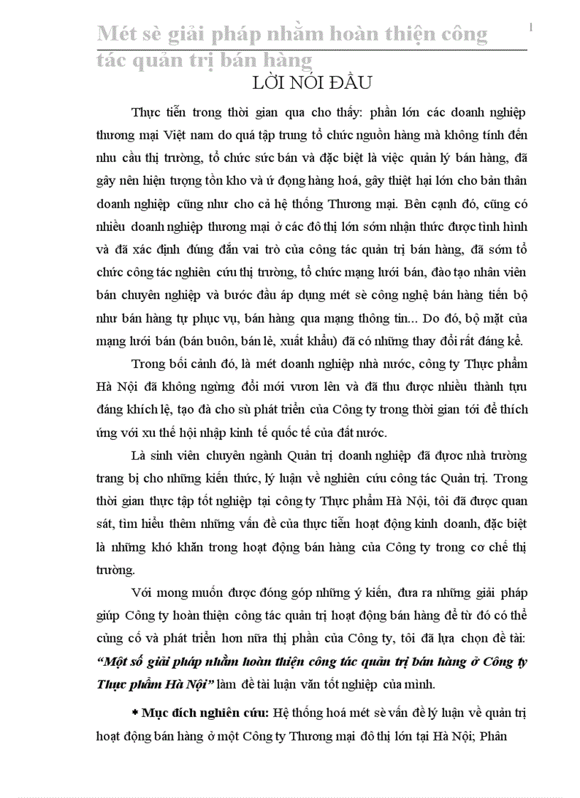 Một số giải pháp nhằm hoàn thiện công tác quản trị bán hàng ở Công ty Thực phẩm Hà Nội 1