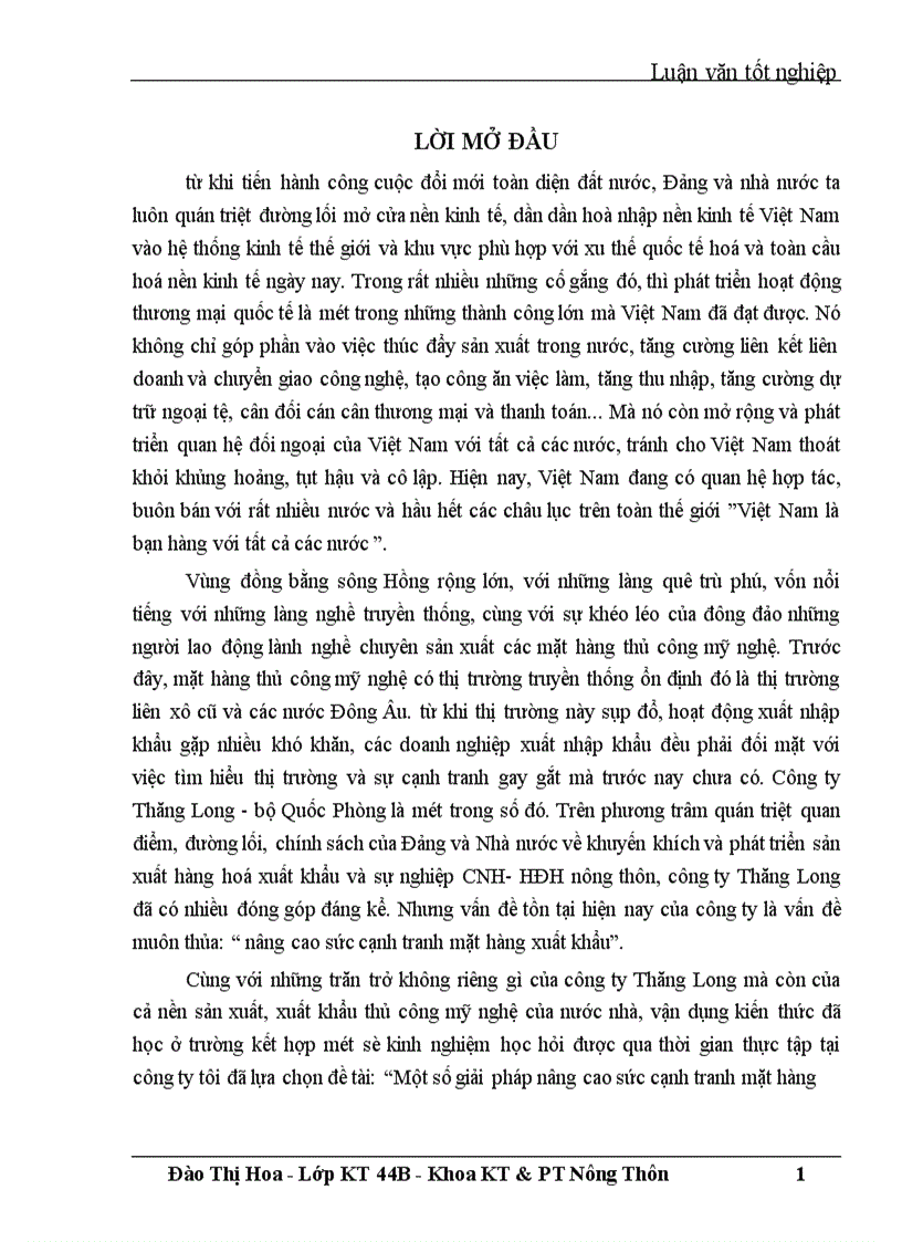 Một số giải pháp nâng cao sức cạnh tranh mặt hàng thủ công mỹ nghệ tại công ty Thăng Long Bộ Quốc Phòng 1