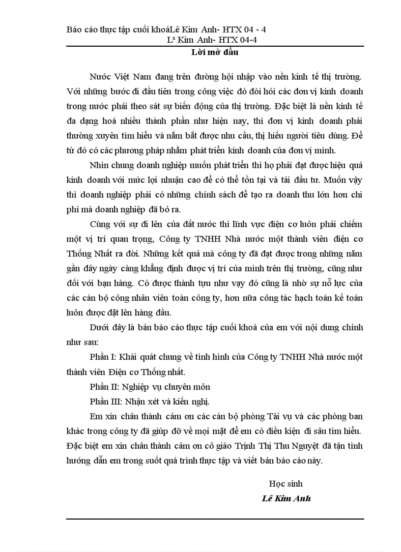 thực tập cuối khoá tình hình của Công ty TNHH Nhà nước một thành viên Điện cơ Thống nhất