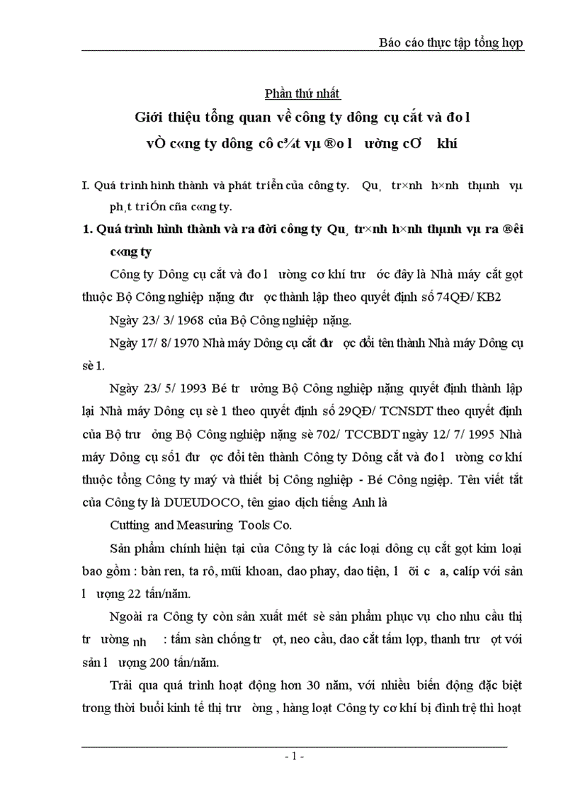 Báo cáo thực tập tổng hợp tại công ty dụng cụ cắt và đo lơường cơ khí