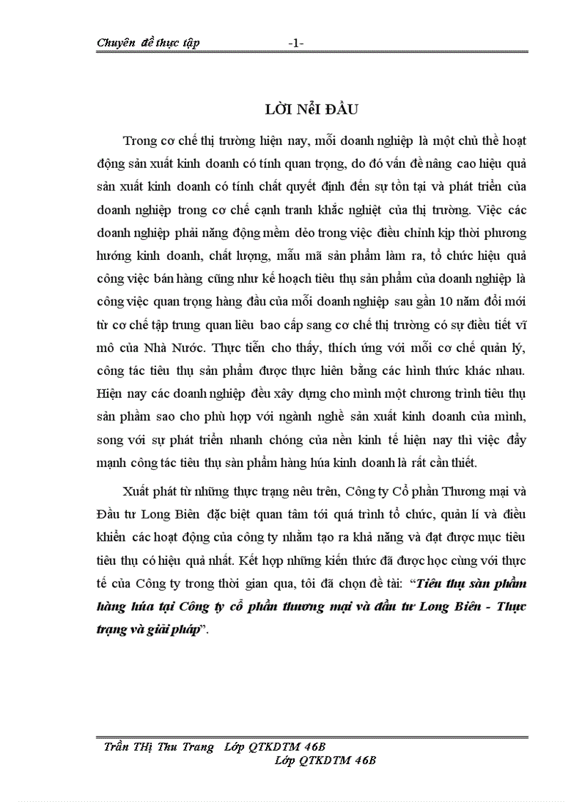 Tiêu thụ sàn phầm hàng hóa tại Công ty cổ phần thương mại và đầu tư Long Biên Thực trạng và giải pháp 1