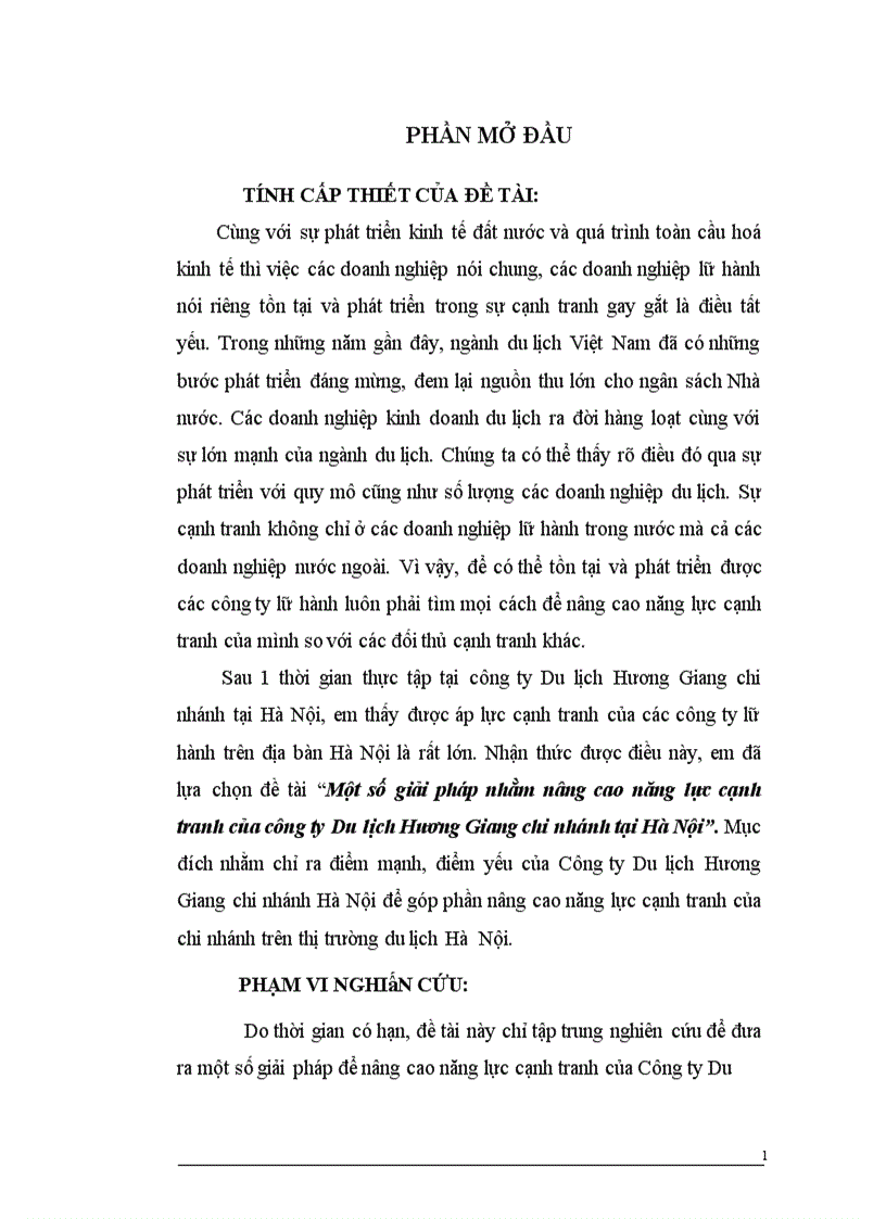 Một số giải pháp nhằm nâng cao năng lực cạnh tranh của công ty Du lịch Hương Giang chi nhánh tại Hà Nội