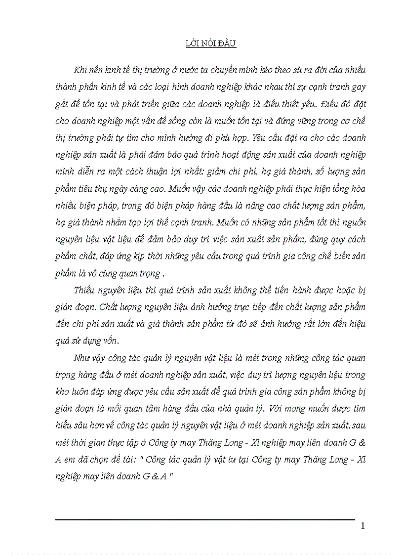 Công tác quản lý vật tư tại Công ty may Thăng Long Xí nghiệp may liên doanh G A
