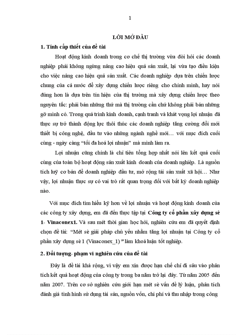 Một số giải pháp chủ yếu nhằm tăng lợi nhuận tại công ty cổ phần xây dựng số 1 Vinaconex 1 1
