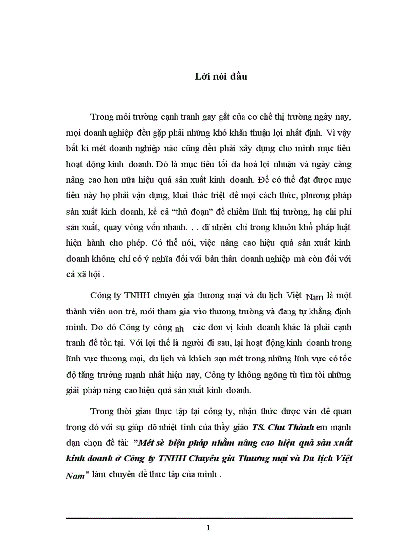 Một số biện pháp nhằm nâng cao hiệu quả sản xuất kinh doanh ở Công ty TNHH Chuyên gia Thương mại và Du lịch Việt Nam 1