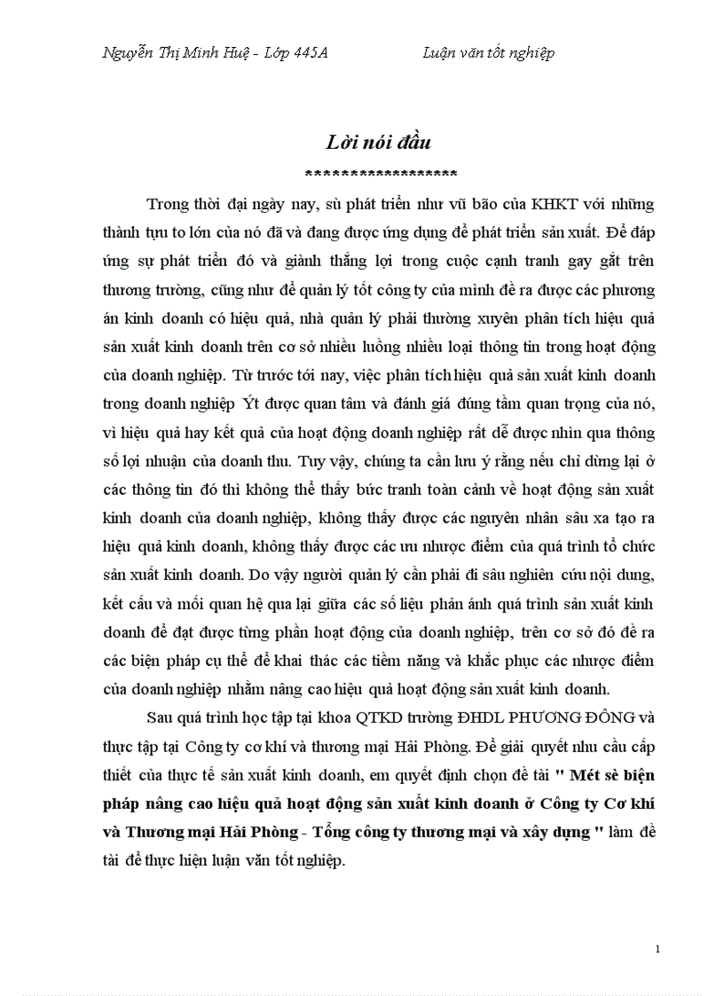 Một số biện pháp nâng cao hiệu quả hoạt động sản xuất kinh doanh ở Công ty Cơ khí và Thương mại Hải Phòng Tổng công ty thương mại và xây dựng 1