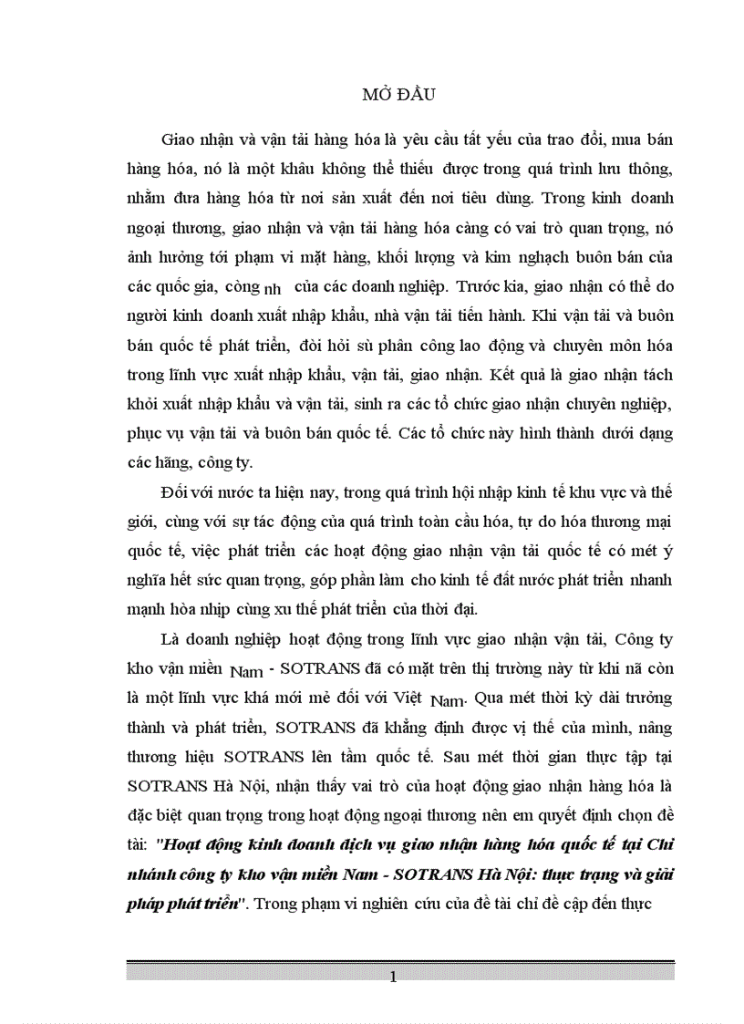 Hoạt động kinh doanh dịch vụ giao nhận hàng hóa quốc tế tại Chi nhánh công ty kho vận miền Nam SOTRANS Hà Nội thực trạng và giải pháp phát triển 1
