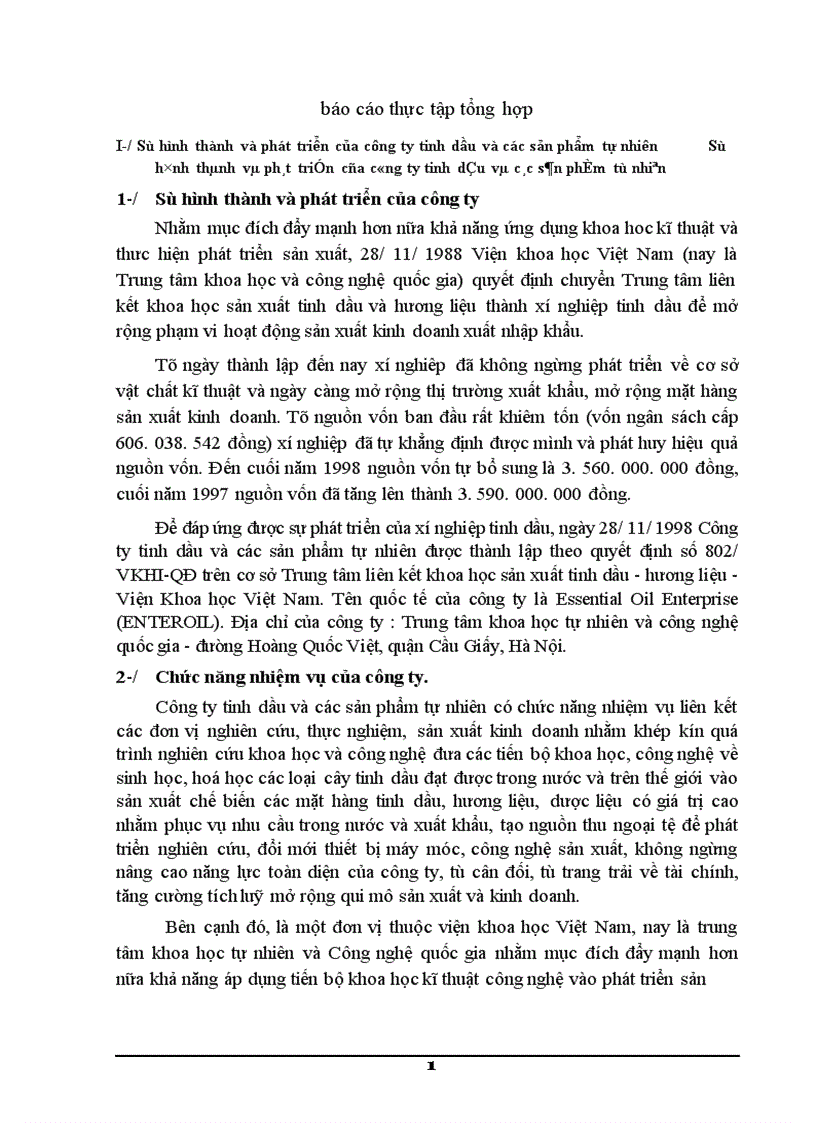 báo cáo thực tập tổng hợp tại công ty tinh dầu và các sản phẩm tự nhiên