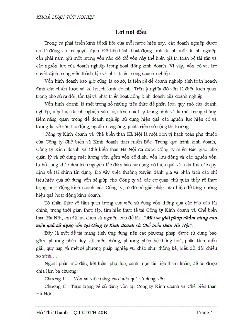 Một số giải pháp nhằm nâng cao hiệu quả sử dụng vốn tại Công ty Kinh doanh và Chế biến than Hà Nội 1