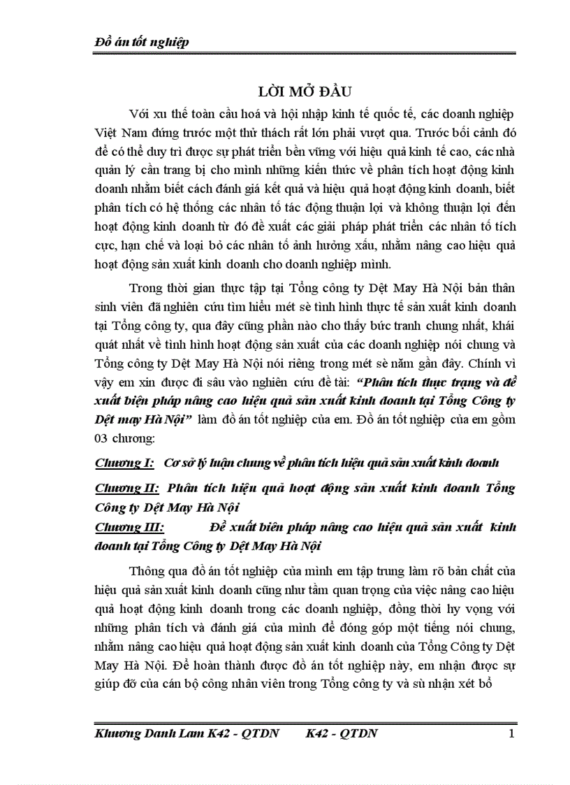 Phân tích thực trạng và đề xuất biện pháp nâng cao hiệu quả sản xuất kinh doanh tại Tổng Công ty Dệt may Hà Nội 1