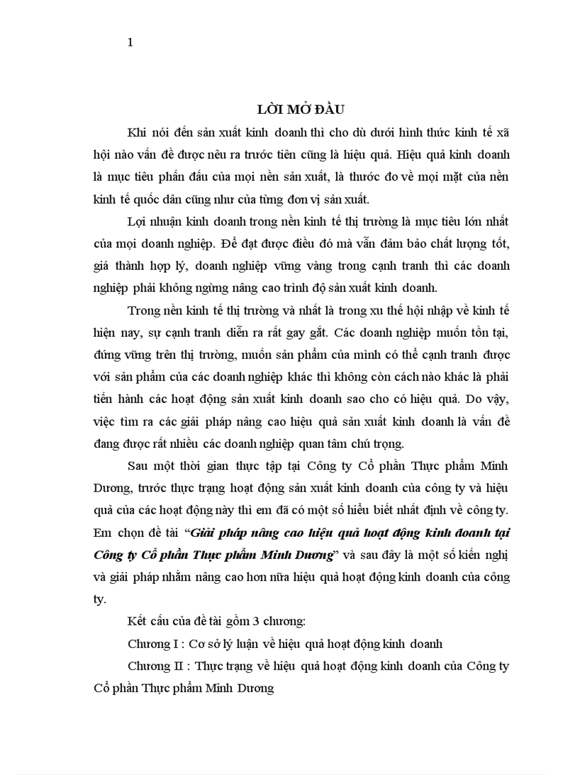 Giải pháp nâng cao hiệu quả hoạt động kinh doanh tại Công ty Cổ phần Thực phẩm Minh Dương 1
