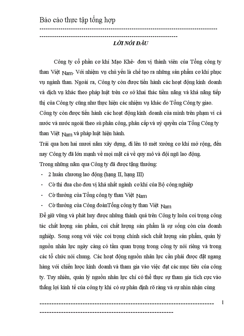 Báo cáo thực tập tổng hợp tại Công ty cổ phần cơ khí Mạo Khê