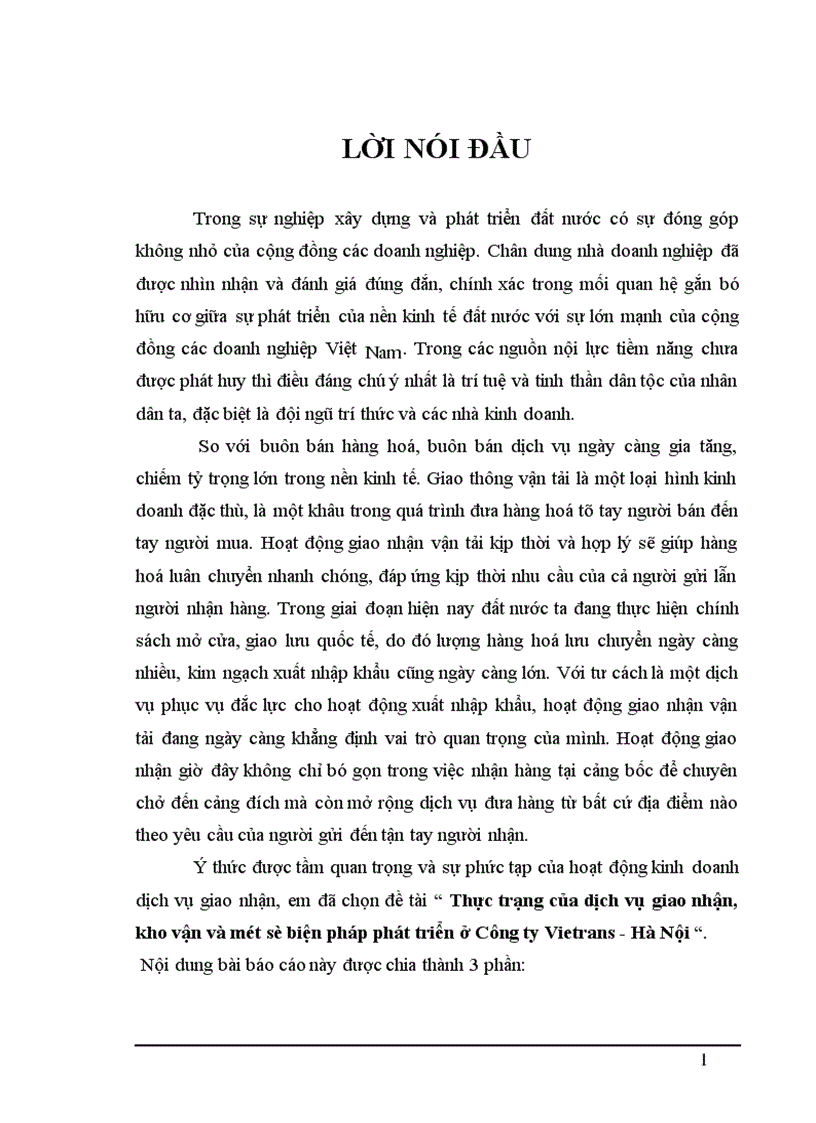 Thực trạng của dịch vụ giao nhận kho vận và một số biện pháp phát triển ở Công ty Vietrans Hà Nội