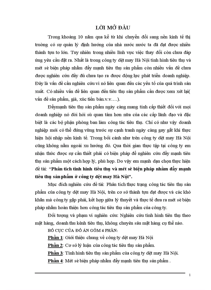 Phân tích tình hình tiêu thụ và một số biện pháp nhằm đẩy mạnh tiêu thụ sản phẩm ở công ty dệt may Hà Nội 1