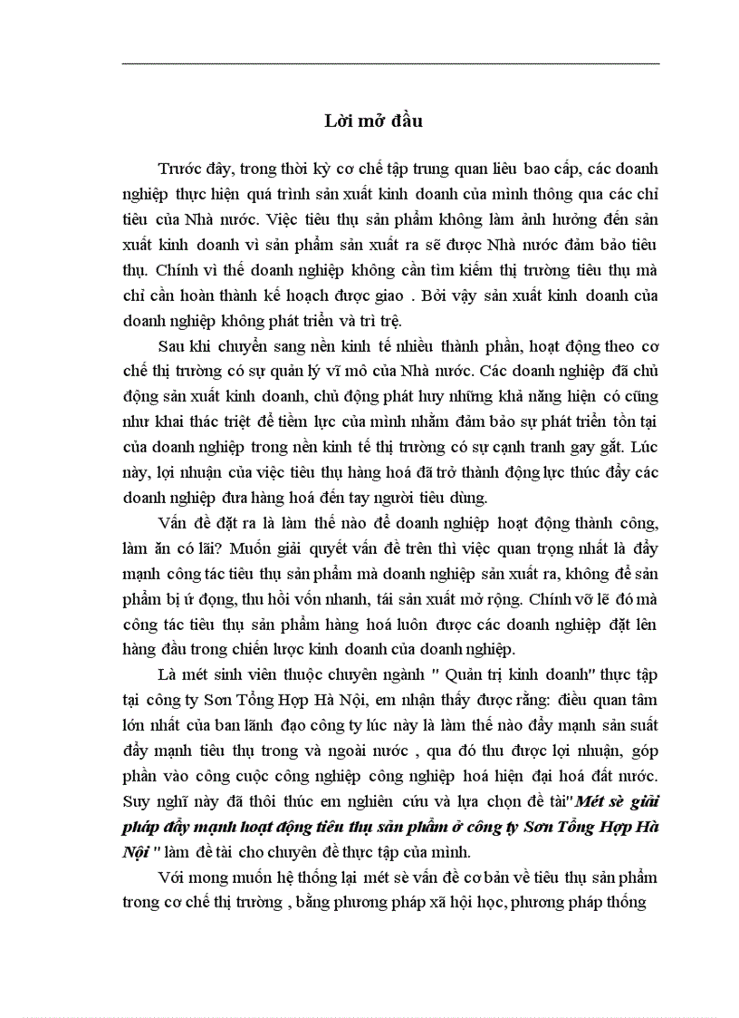 Một số giải pháp đẩy mạnh hoạt động tiêu thụ sản phẩm ở công ty Sơn Tổng Hợp Hà Nội 1
