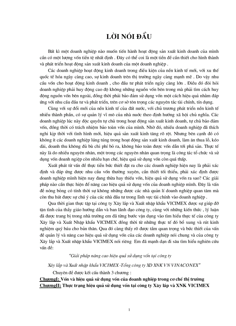 Giải pháp nâng cao hiệu quả sử dụng vốn tại công ty Xây lắp và Xuất nhập khẩu VICIMEX -Tổng công ty XD XNK VN VINACONEX