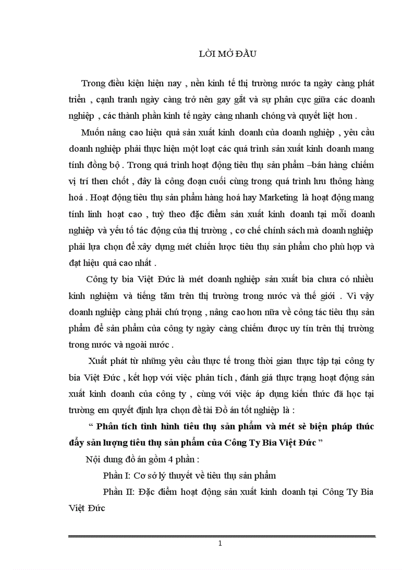 Phân tích tình hình tiêu thụ sản phẩm và một số biện pháp thúc đẩy sản lượng tiêu thụ sản phẩm của Công Ty Bia Việt Đức