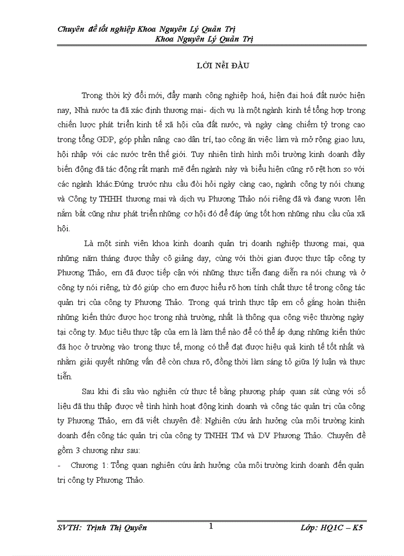 Nghiên cứu ảnh hưởng của môi trường kinh doanh đến công tác quản trị công ty Phương Thảo