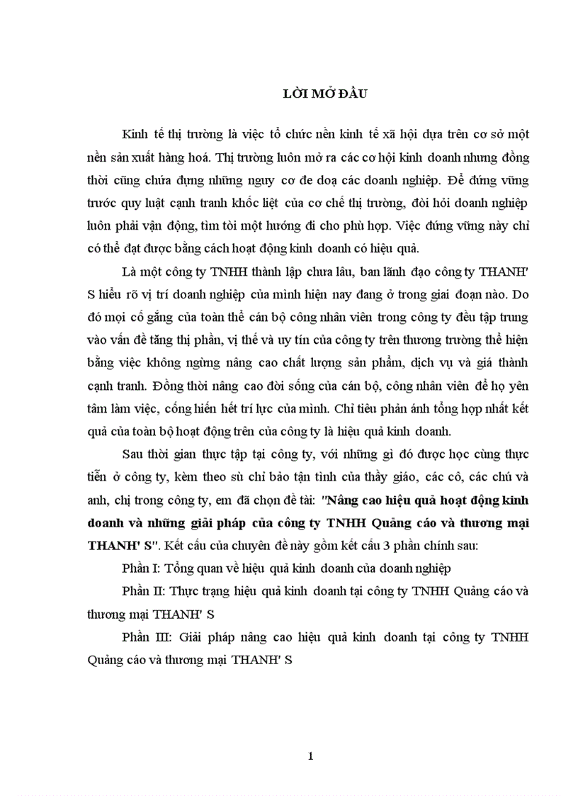 Nâng cao hiệu quả hoạt động kinh doanh và những giải pháp của công ty TNHH Quảng cáo và thương mại THANH s