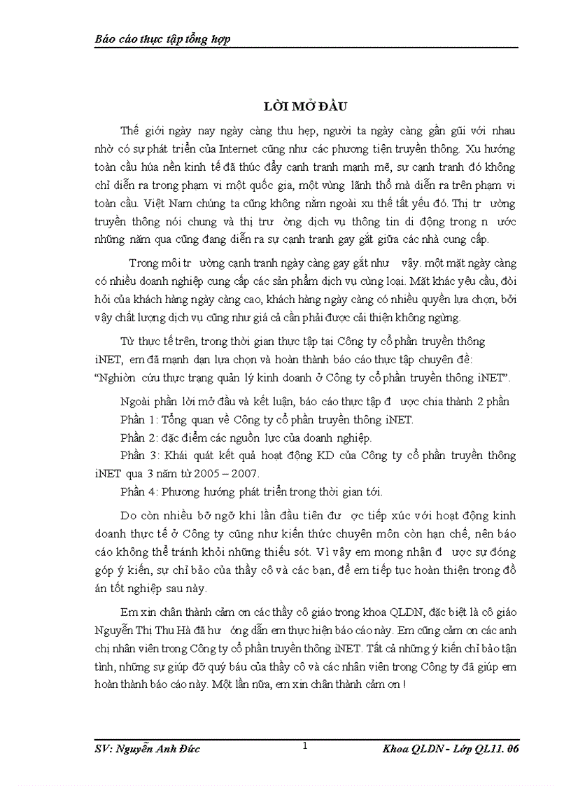 Báo cáo thực tập tổng hợp tại Công ty cổ phần truyền thông iNET