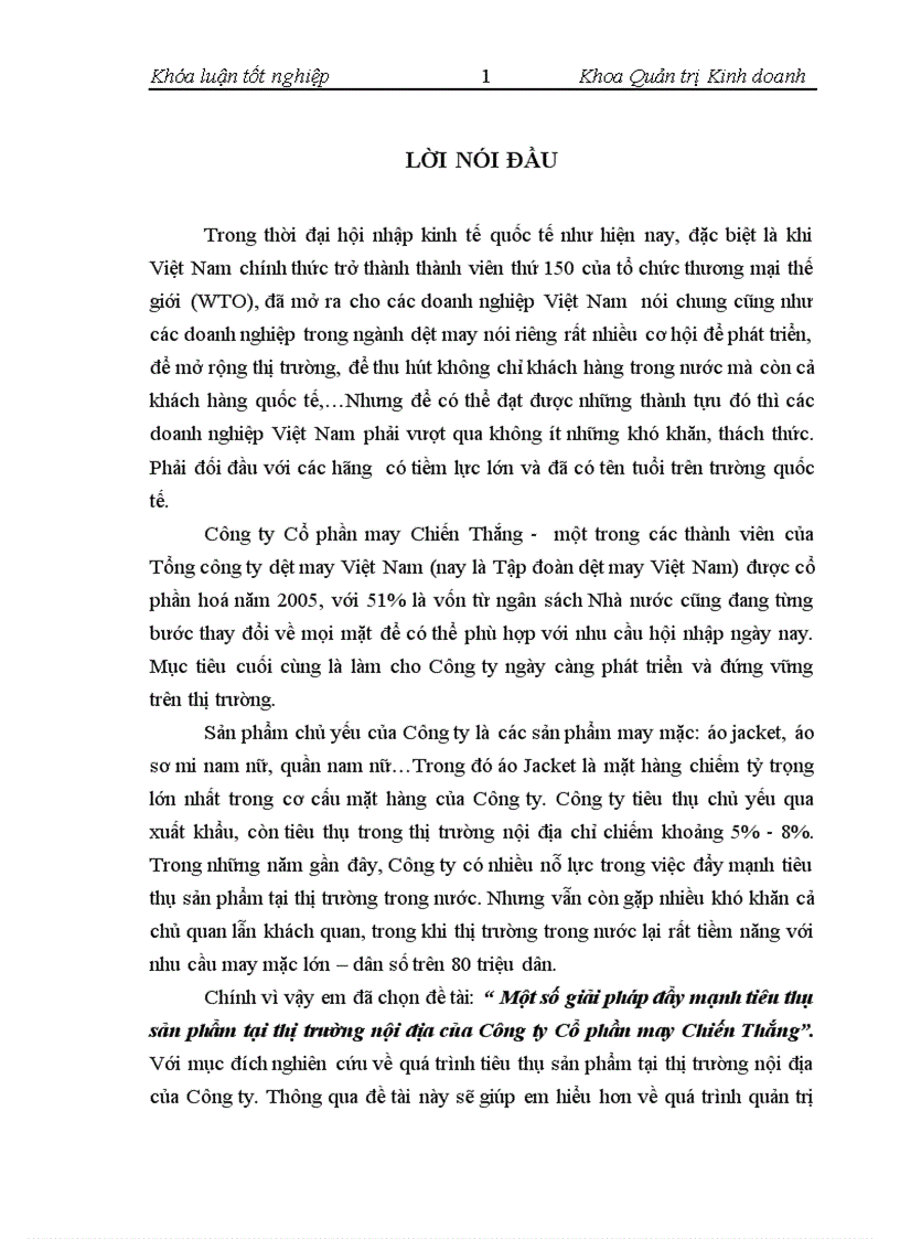 Một số giải pháp đẩy mạnh tiêu thụ sản phẩm tại thị trường nội địa của Công ty Cổ phần may Chiến Thắng 1