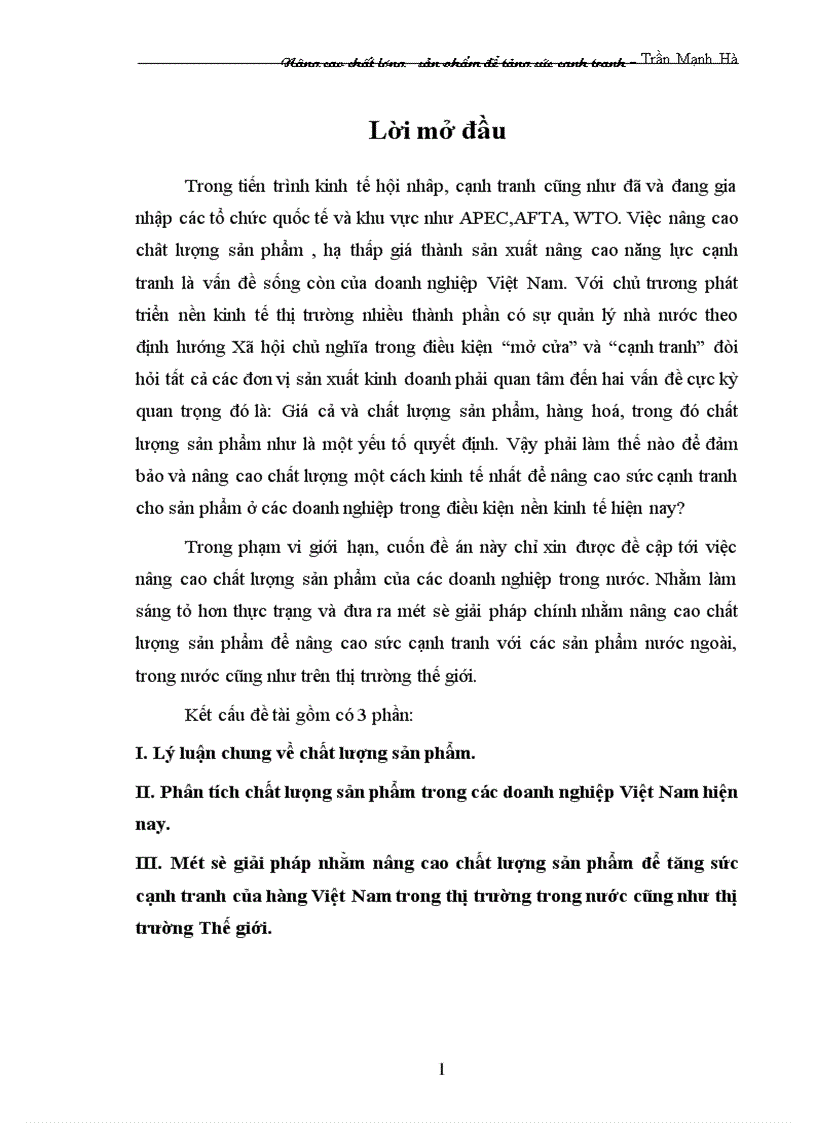 Một số giải pháp nhằm nâng cao chất lượng sản phẩm để tăng sức cạnh tranh của hàng Việt Nam trong thị trường trong nước cũng như thị trường Thế giới