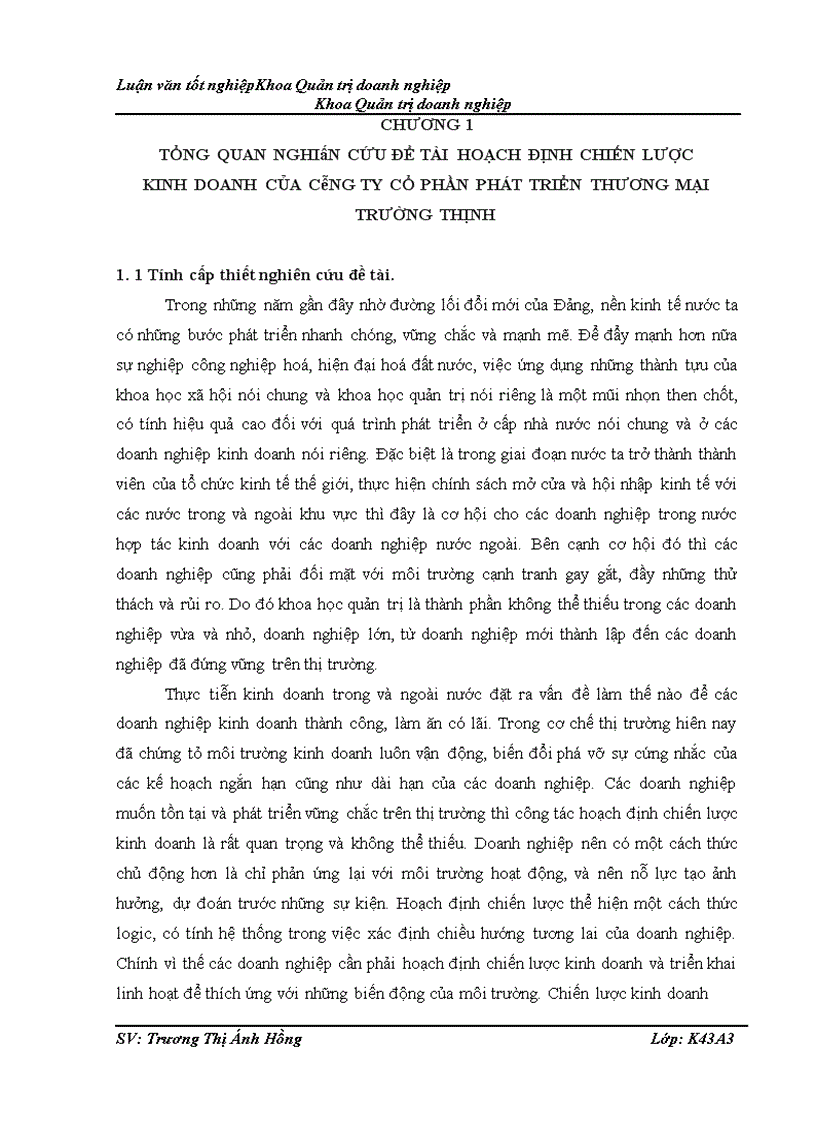 Hoạch định chiến lược kinh doanh của Công ty cổ phần phát triển thương mại Trường Thịnh 1