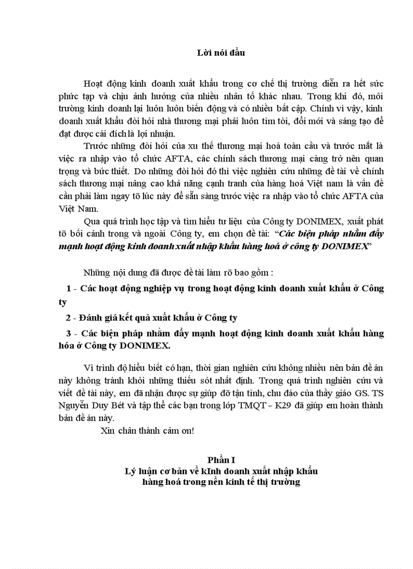Các biện pháp nhằm đẩy mạnh hoạt động kinh doanh xuất nhập khẩu hàng hoá ở công ty DONIMEX 1