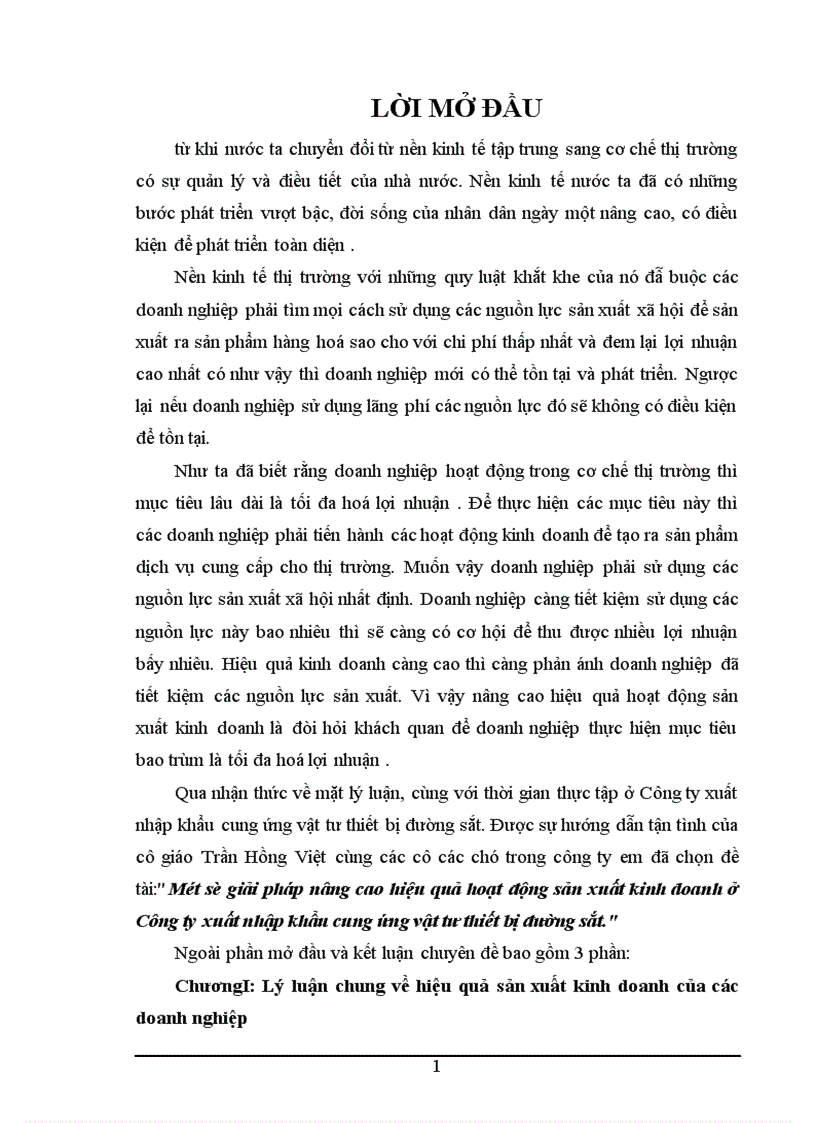 Một số giải pháp nâng cao hiệu quả hoạt động sản xuất kinh doanh ở Công ty xuất nhập khẩu cung ứng vật tư thiết bị đường sắt 1