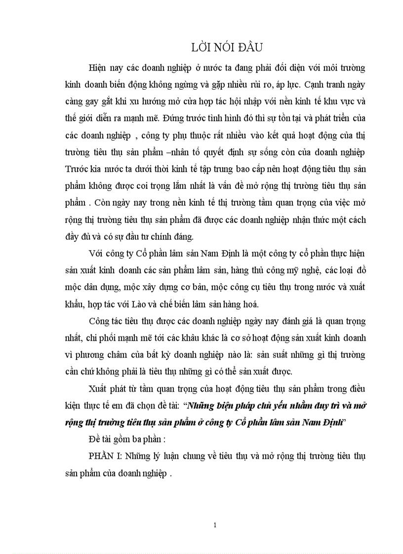 Những biện pháp chủ yếu nhằm duy trì và mở rộng thị trường tiêu thụ sản phẩm ở công ty Cổ phần lâm sản Nam Định 1