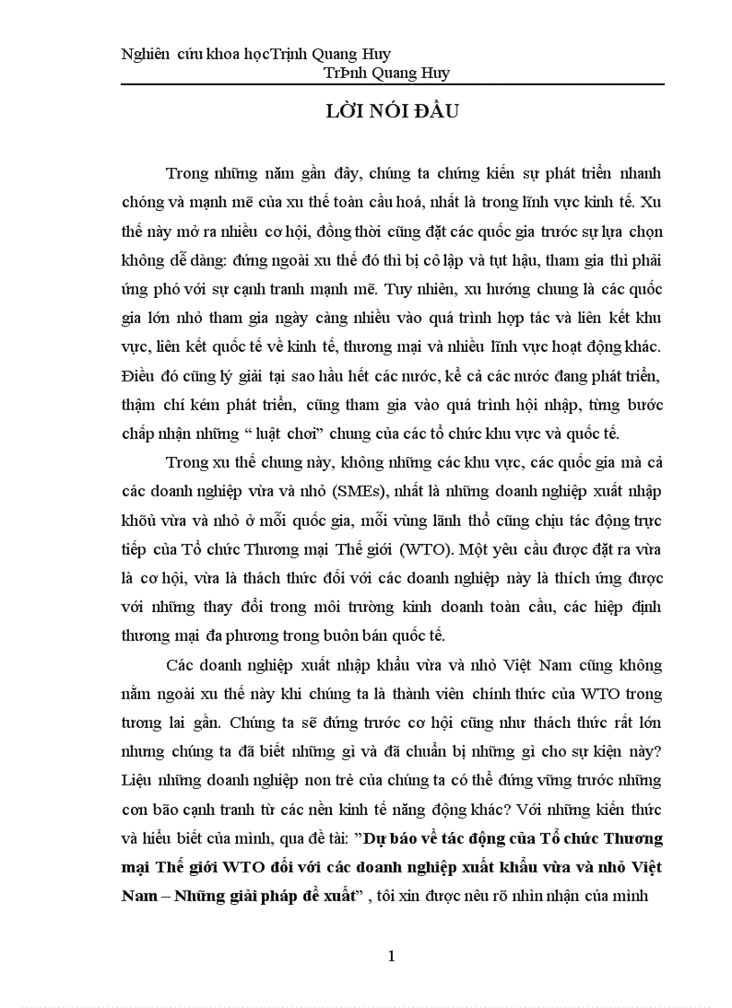 Dự báo về tác động của Tổ chức Thương mại Thế giới WTO đối với các doanh nghiệp xuất khẩu vừa và nhỏ Việt Nam Những giải pháp đề xuất