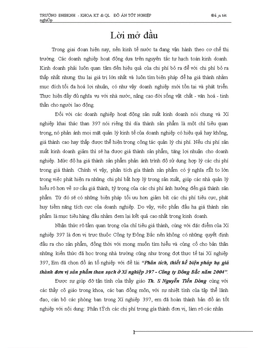 Phân tích thiết kế biện pháp hạ giá thành đơn vị sản phẩm than sạch ở Xí nghiệp 397 Công ty Đông Bắc năm 2004