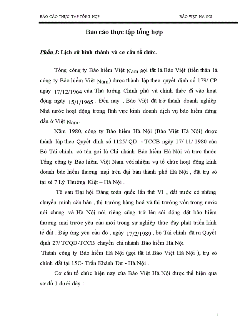 Báo cáo thực tập tổng hợp tại công ty Bảo Việt Hà Nội