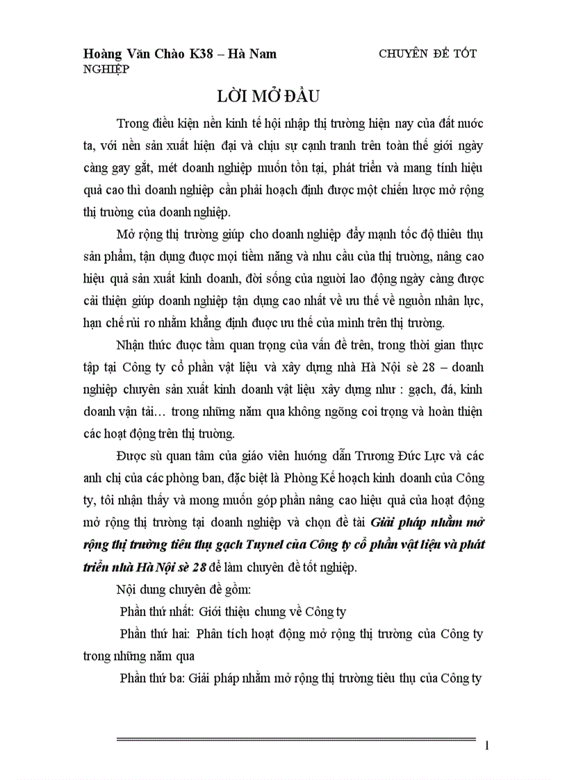 Giải pháp nhằm mở rộng thị trường tiêu thụ gạch Tuynel của Công ty cổ phần vật liệu và phát triển nhà Hà Nội số 28
