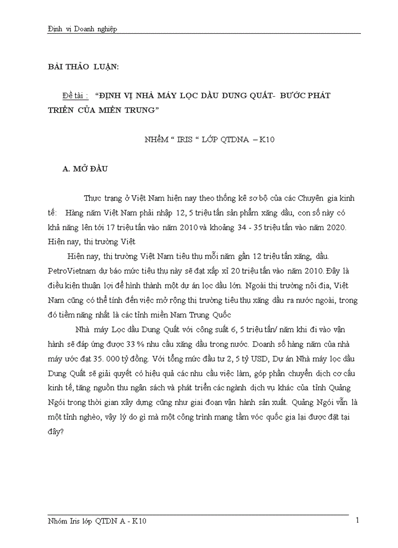 Định vị nhà máy lọc dầu dung quất bước phát triển của miền trung