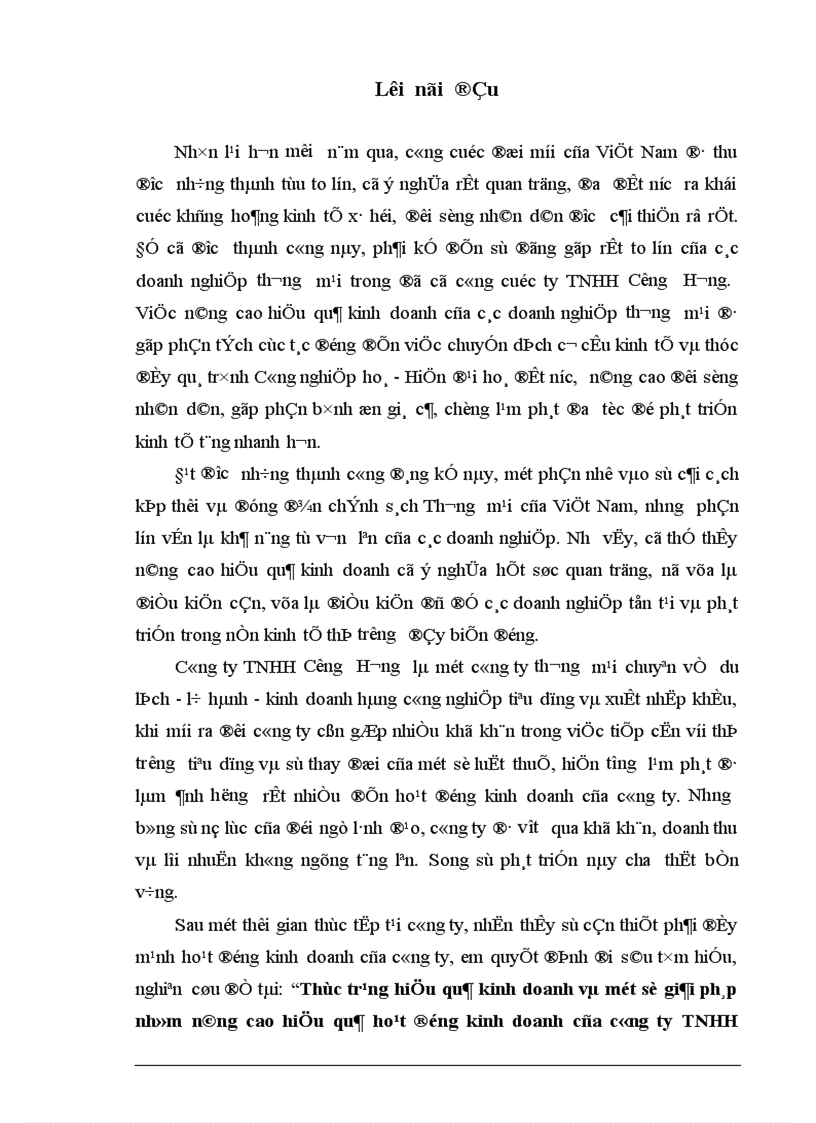 Thực trạng hiệu quả kinh doanh và một số giải pháp nhằm nâng cao hiệu quả hoạt động kinh doanh của công ty TNHH Cường Hương