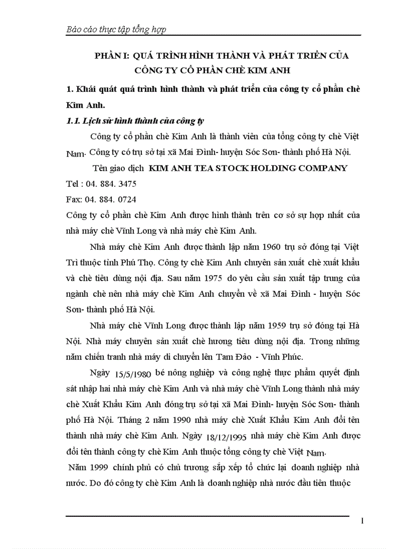 Báo cáo thực tập tổng hợp tại Công ty Cổ phần Chè Kim Anh 1