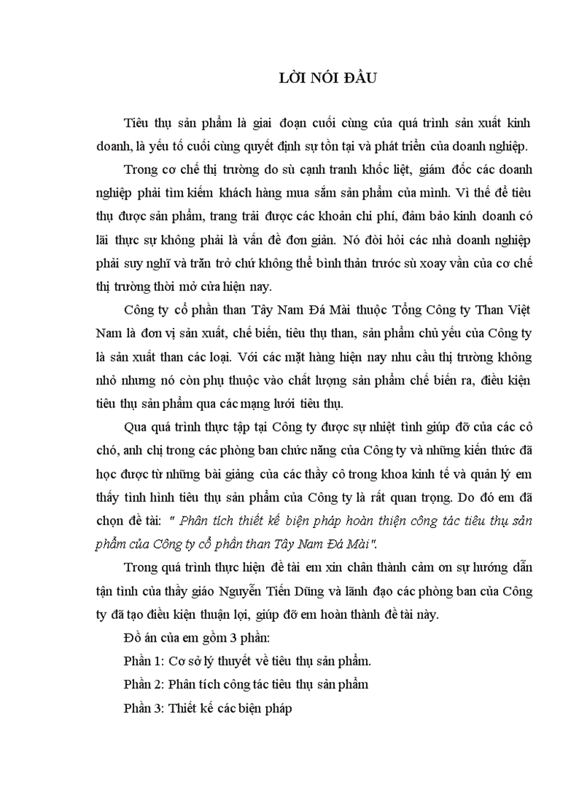 Phân tích thiết kế biện pháp hoàn thiện công tác tiêu thụ sản phẩm của Công ty cổ phần than Tây Nam Đá Mài