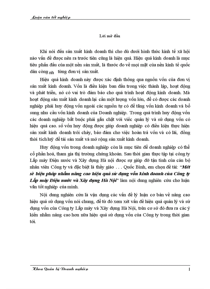 Một số biện pháp nhằm nâng cao hiệu quả sử dụng vốn kinh doanh của Công ty Lắp máy Điện nước và Xây dựng Hà Nội 1