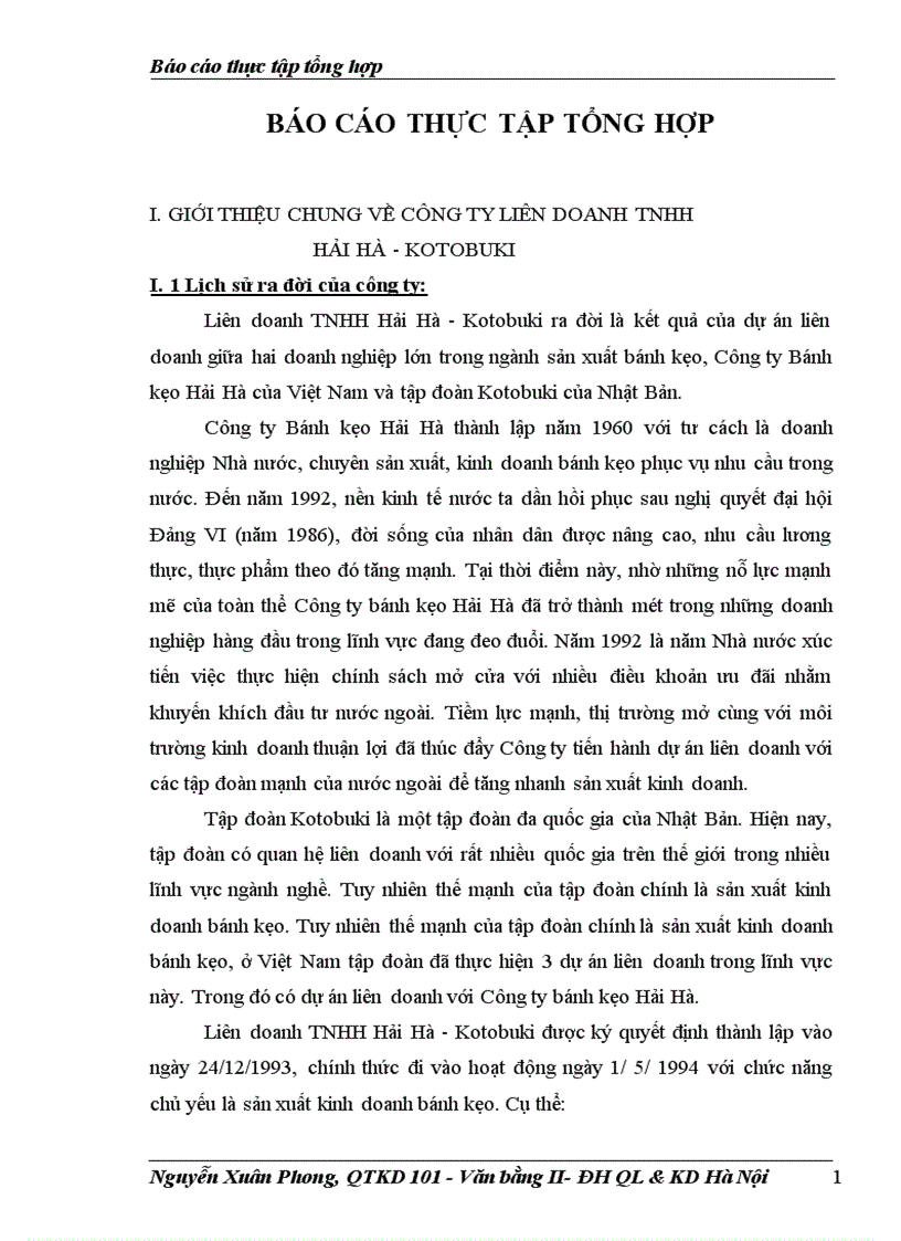 Báo cáo thực tập tổng hợp tại Công ty liên doanh TNHH Hải Hà Kotobuki