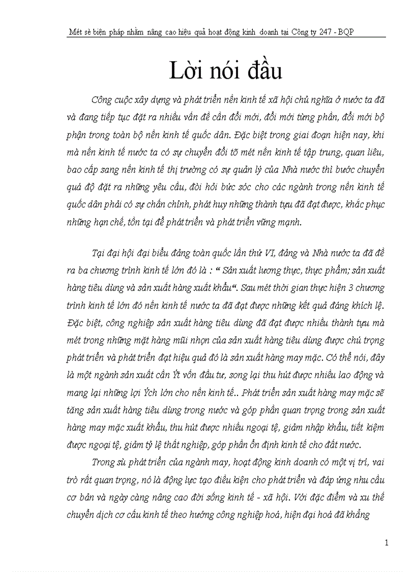 Một số biện pháp nhằm nâng cao hiệu quả hoạt động kinh doanh tại Công ty 247 Bộ quốc phòng