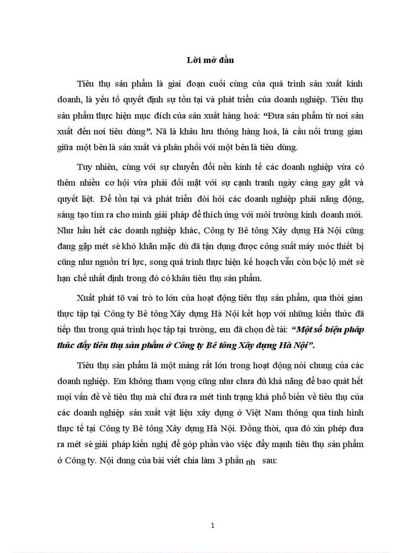 Một số biện pháp thúc đẩy tiêu thụ sản phẩm ở Công ty Bê tông Xây dựng Hà Nội 1