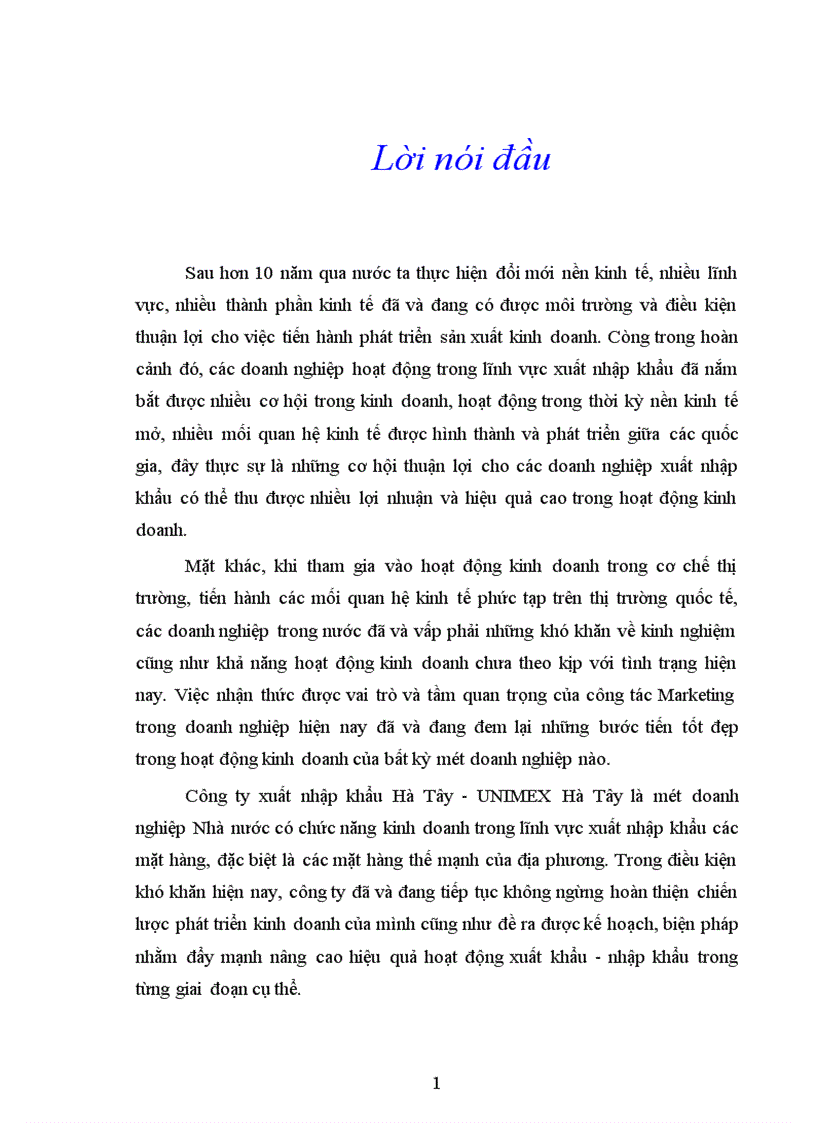 Một số biện pháp Marketing nhằm nâng cao hiệu quả hoạt động xuất khẩu tại Công ty xuất nhập khẩu Hà Tây 1
