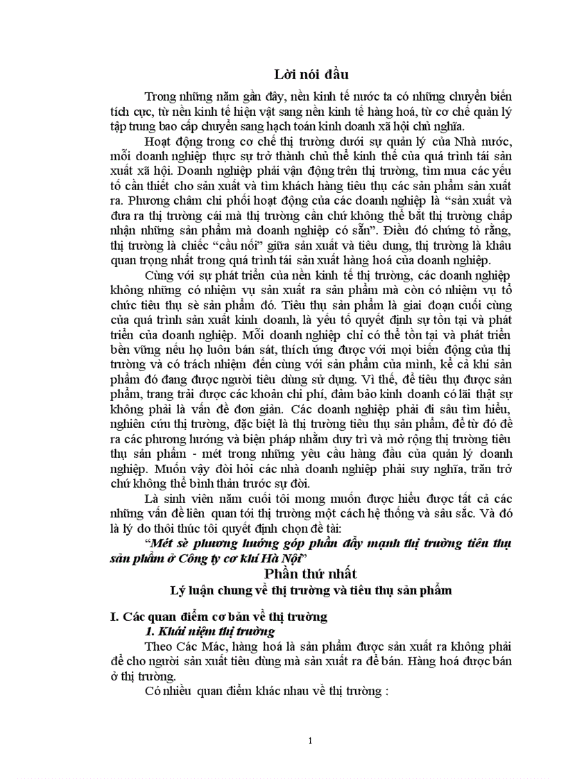 Một số phương hướng góp phần đẩy mạnh thị trường tiêu thụ sản phẩm ở Công ty cơ khí Hà Nội 1