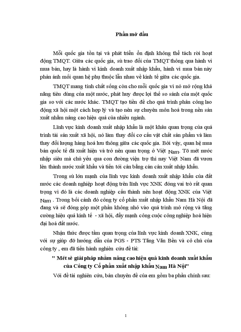 Một số giải pháp nhằm nâng cao hiệu quả kinh doanh xuất khẩu của Công ty Cổ phần xuất nhập khẩu Nam Hà Nội 1