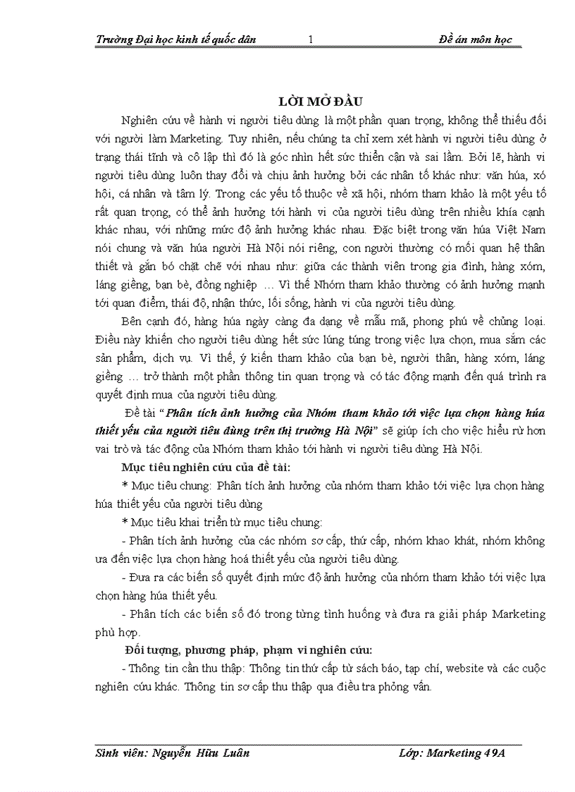 Phân tích ảnh hưởng của Nhóm tham khảo tới việc lựa chọn hàng hóa thiết yếu của người tiêu dùng trên thị trường Hà Nội 1