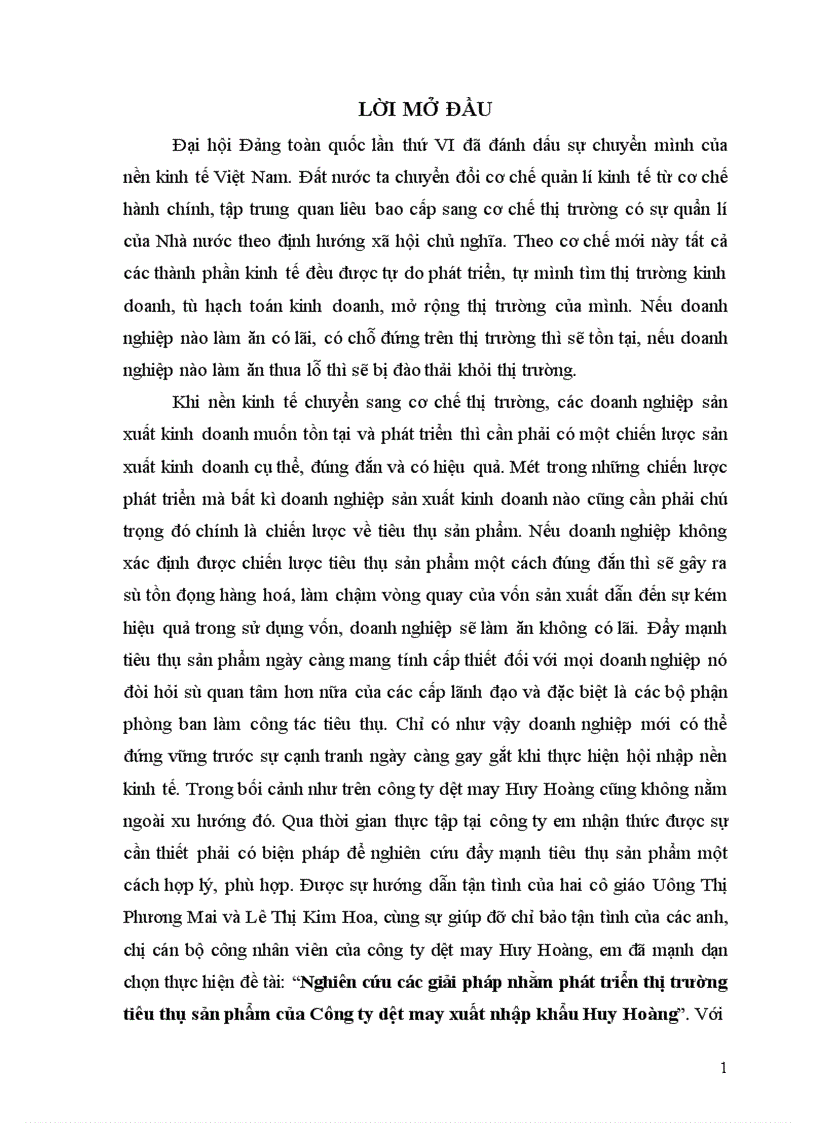 Nghiên cứu các giải pháp nhằm phát triển thị trường tiêu thụ sản phẩm của Công ty dệt may xuất nhập khẩu Huy Hoàng