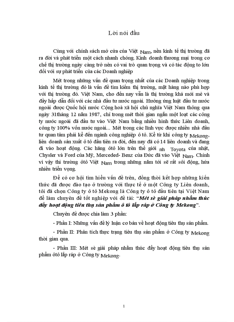 Một số giải pháp nhằm thúc đẩy hoạt động tiêu thụ sản phẩm ô tô lắp ráp ở Công ty Mekong 1