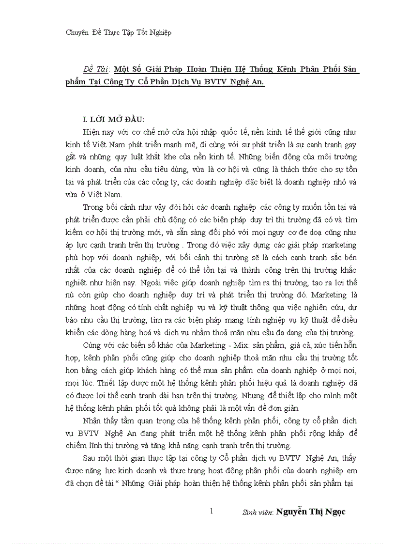 Một Số Giải Pháp Hoàn Thiện Hệ Thống Kênh Phân Phối Sản phẩm Tại Công Ty Cổ Phần Dịch Vụ BVTV Nghệ An