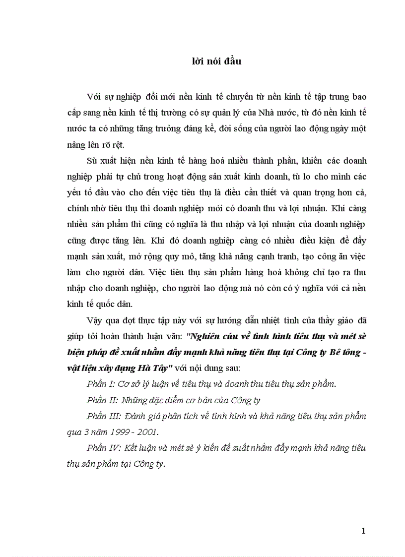 Nghiên cứu về tình hình tiêu thụ và một số biện pháp đề xuất nhằm đẩy mạnh khả năng tiêu thụ tại Công ty Bê tông vật liệu xây dựng Hà Tây